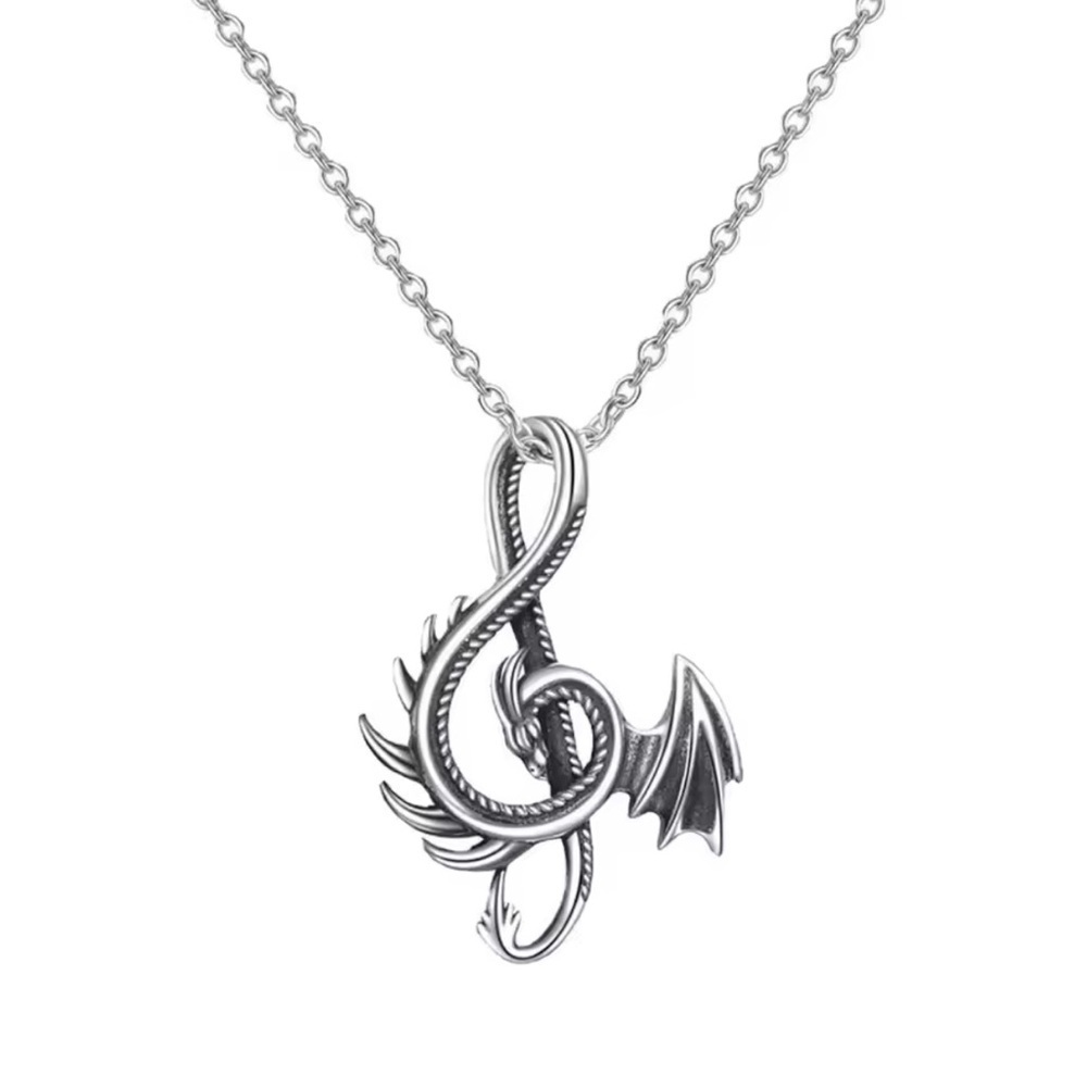 18K White Gold Unisex Dragon Treble Clef Music Note Goth Punk Biker Necklace - Picture 4 of 5